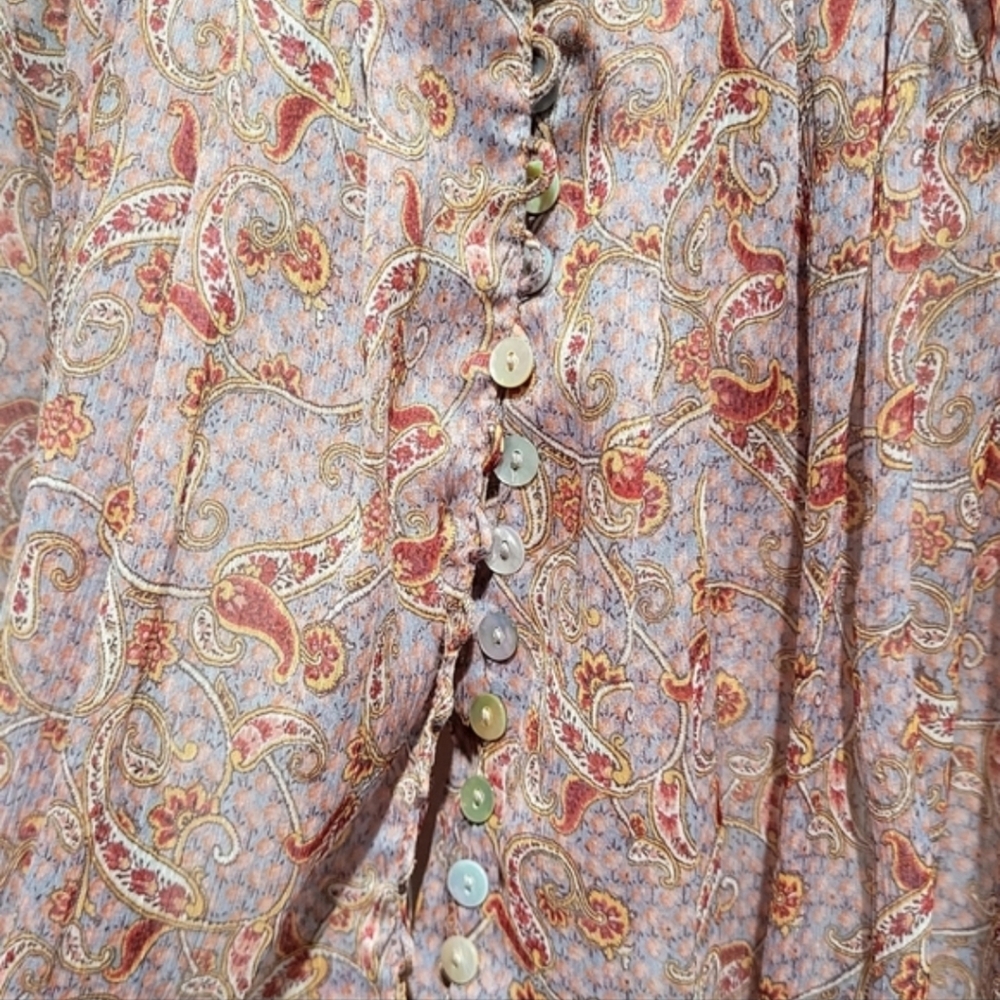 Zara Sheer Paisley Blouse Medium Boho Balloon Sleeve Button Front Top - Picture 9 of 10